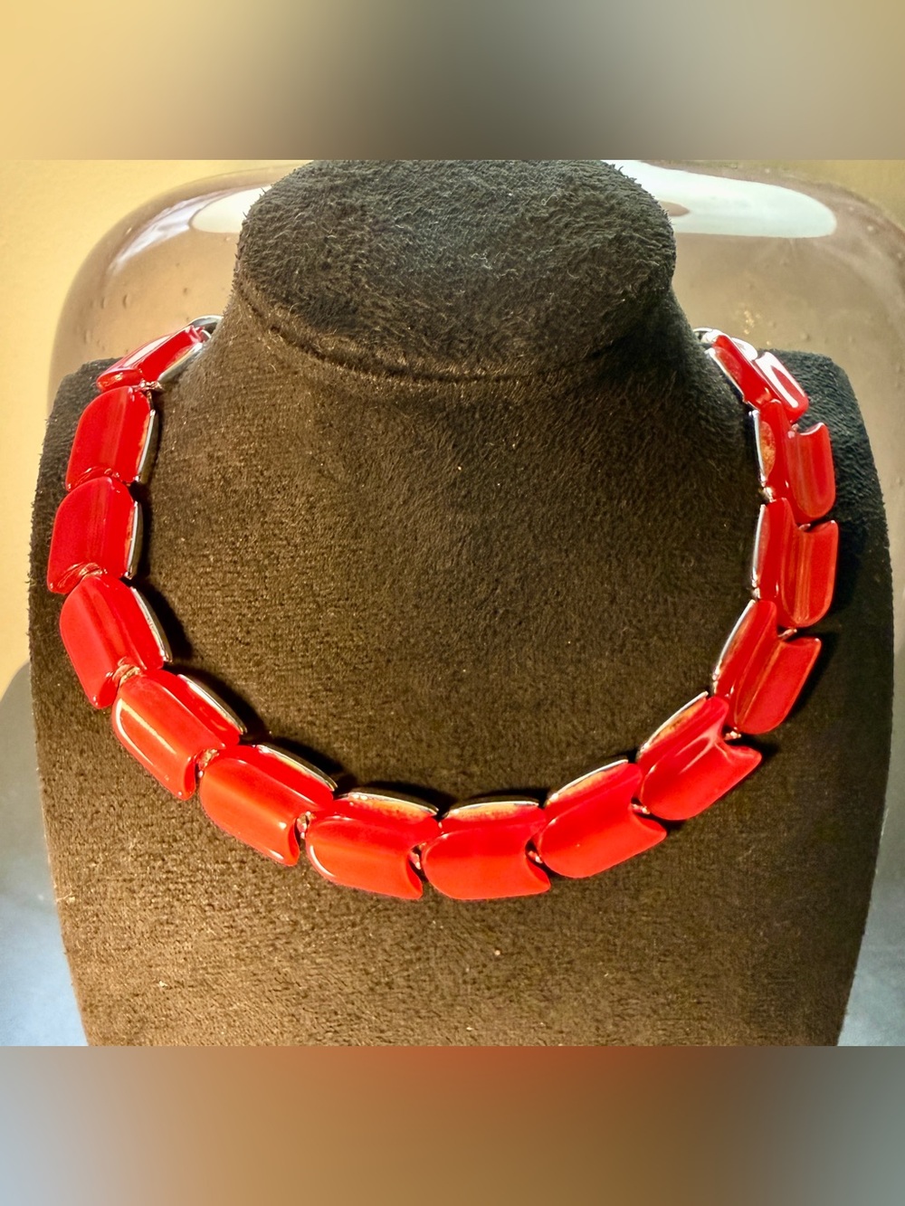 Vintage Signed Lisner Red Chicklet Thermoset Necklace & Clip On Earring Set